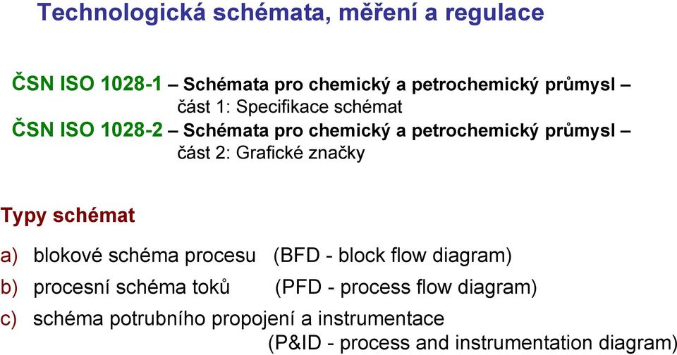 schémat a) blokové schéma procesu (BFD - block flow diagram) b) procesní schéma toků (PFD - process