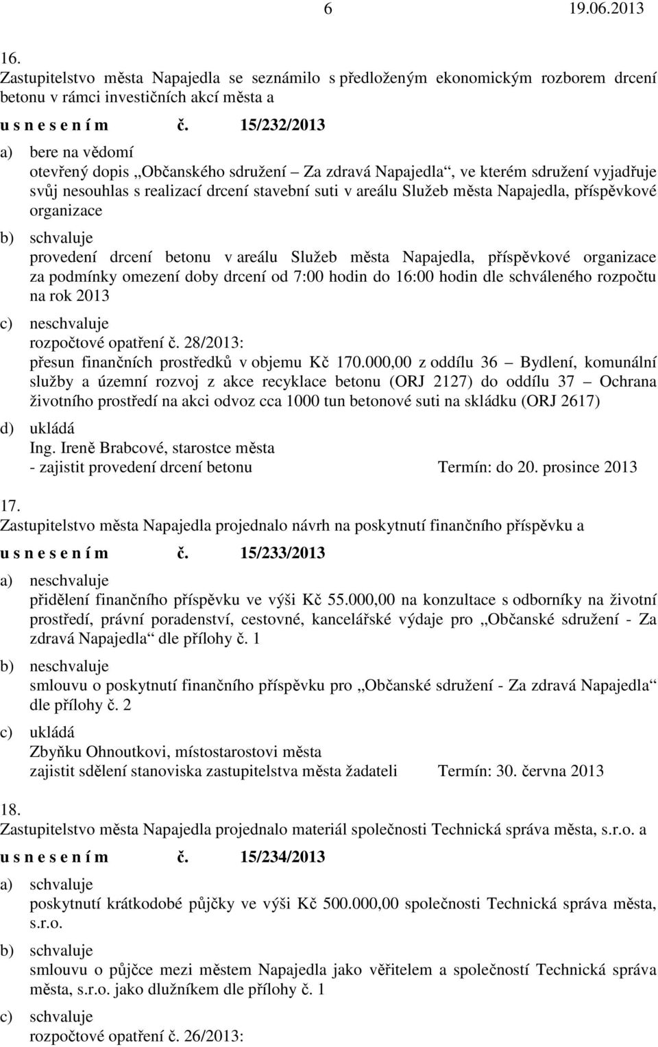 příspěvkové organizace provedení drcení betonu v areálu Služeb města Napajedla, příspěvkové organizace za podmínky omezení doby drcení od 7:00 hodin do 16:00 hodin dle schváleného rozpočtu na rok