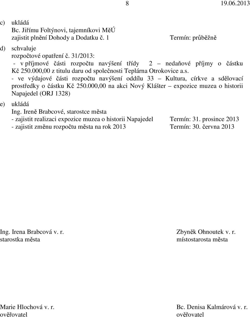 000,00 na akci Nový Klášter expozice muzea o historii Napajedel (ORJ 1328) e) ukládá Ing. Ireně Brabcové, starostce města - zajistit realizaci expozice muzea o historii Napajedel Termín: 31.