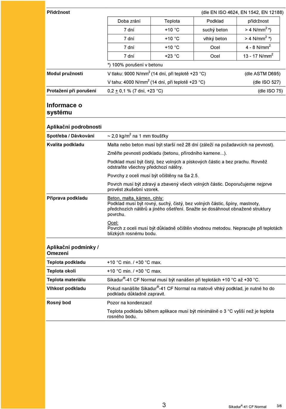 při porušení 0,2 + 0,1 % (7 dní, +23 C) (dle ISO 75) Informace o systému Aplikační podrobnosti Spotřeba / Dávkování Kvalita podkladu Příprava podkladu ~ 2,0 kg/m 2 na 1 mm tloušťky Malta nebo beton