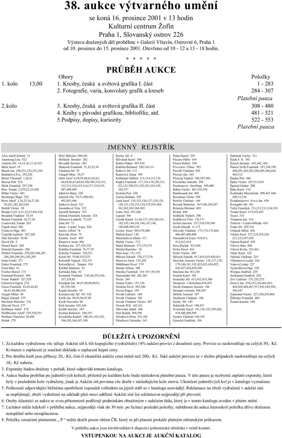 Fotografie, varia, konvoluty grafik a kreseb 284-307 Platební pauza 2.kolo 3. Kresby, česká a světová grafika II. část 308-480 4. Knihy s původní grafikou, bibliofilie, atd. 481-521 5.