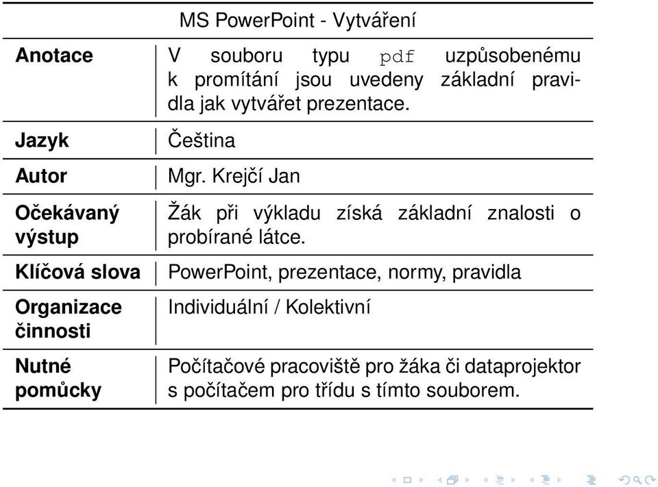 Jazyk Autor Očekávaný výstup Klíčová slova Organizace činnosti Nutné pomůcky Čeština Mgr.