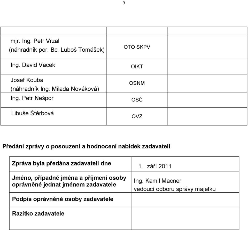 Petr Nešpor Libuše Štěrbová OTO SKPV OIKT OSNM OSČ OVZ Předání zprávy o posouzení a hodnocení nabídek zadavateli