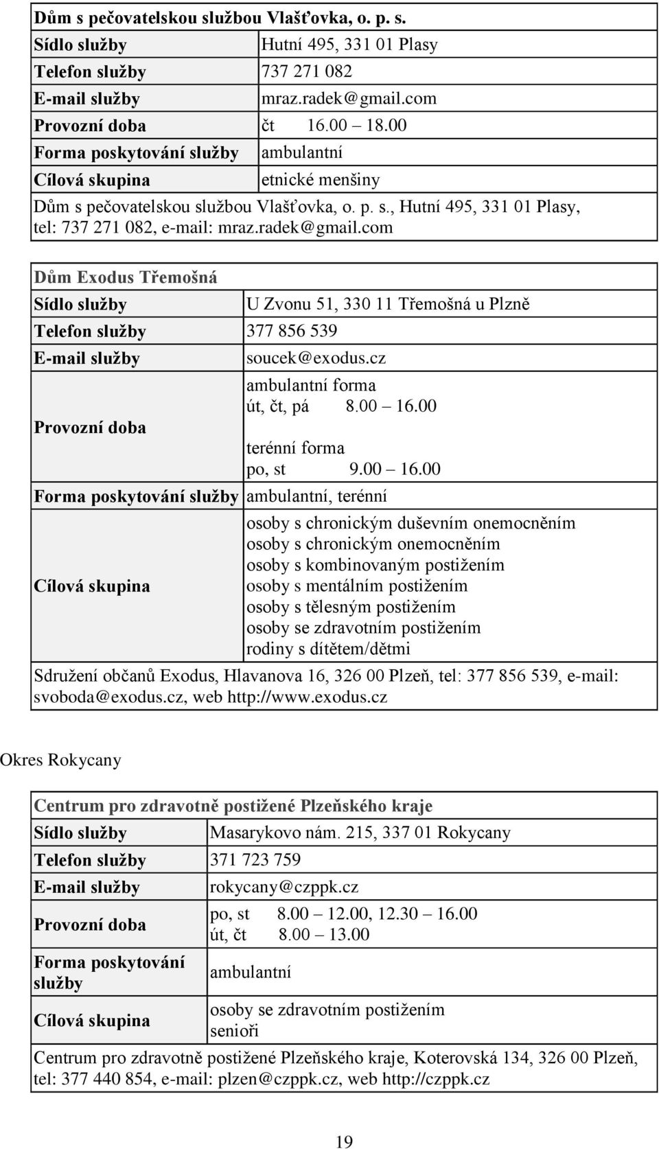 com Dům Exodus Třemošná Telefon 377 856 539 U Zvonu 51, 330 11 Třemošná u Plzně soucek@exodus.cz ambulantní forma út, čt, pá 8.00 16.