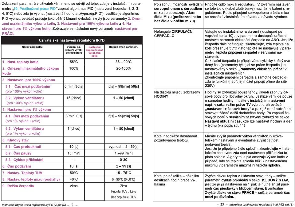 Jestliže je algoritmus PID vypnut, ovladač pracuje jako běžný binární ovladač, skryty jsou parametry 2. Omezení maximálního výkonu kotle, 3. Nastavení pro 100% výkonu kotle a 4.
