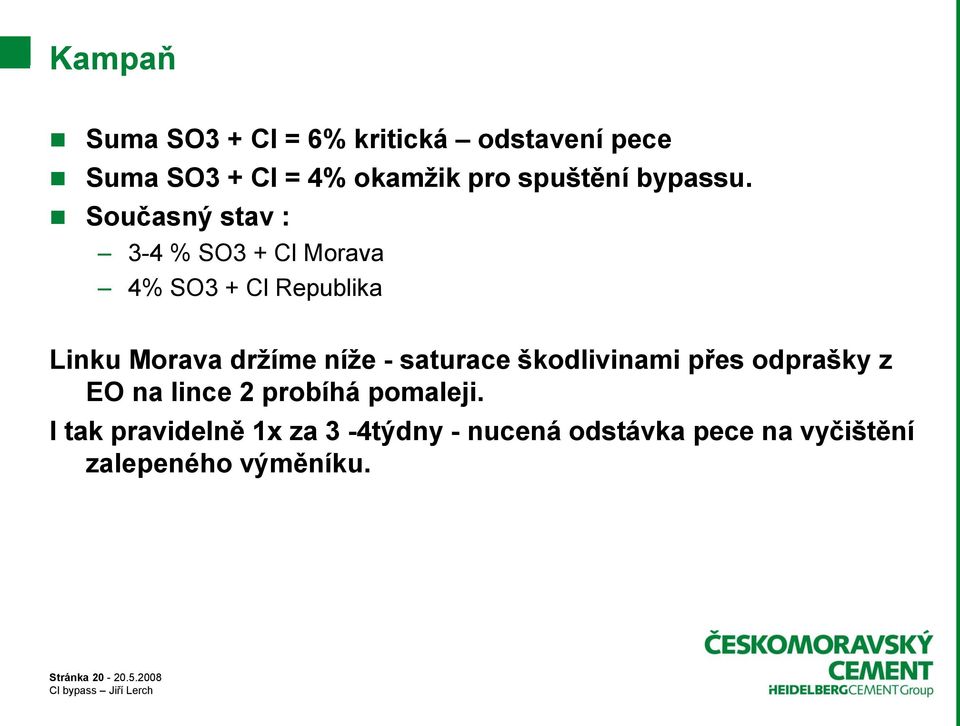 Současný stav : 3-4 % SO3 + Cl Morava 4% SO3 + Cl Republika Linku Morava držíme níže -