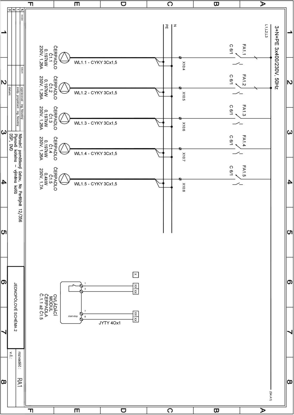 3 L1,L2,L3 3+N+PE 3x400/230V, 50Hz Č1.4 0,197kW 230V, 1,26A WL1.4 - CYKY 3Cx1,5 X10:7 FA1.4 Č1.5 0,4kW 230V, 1,7A WL1.