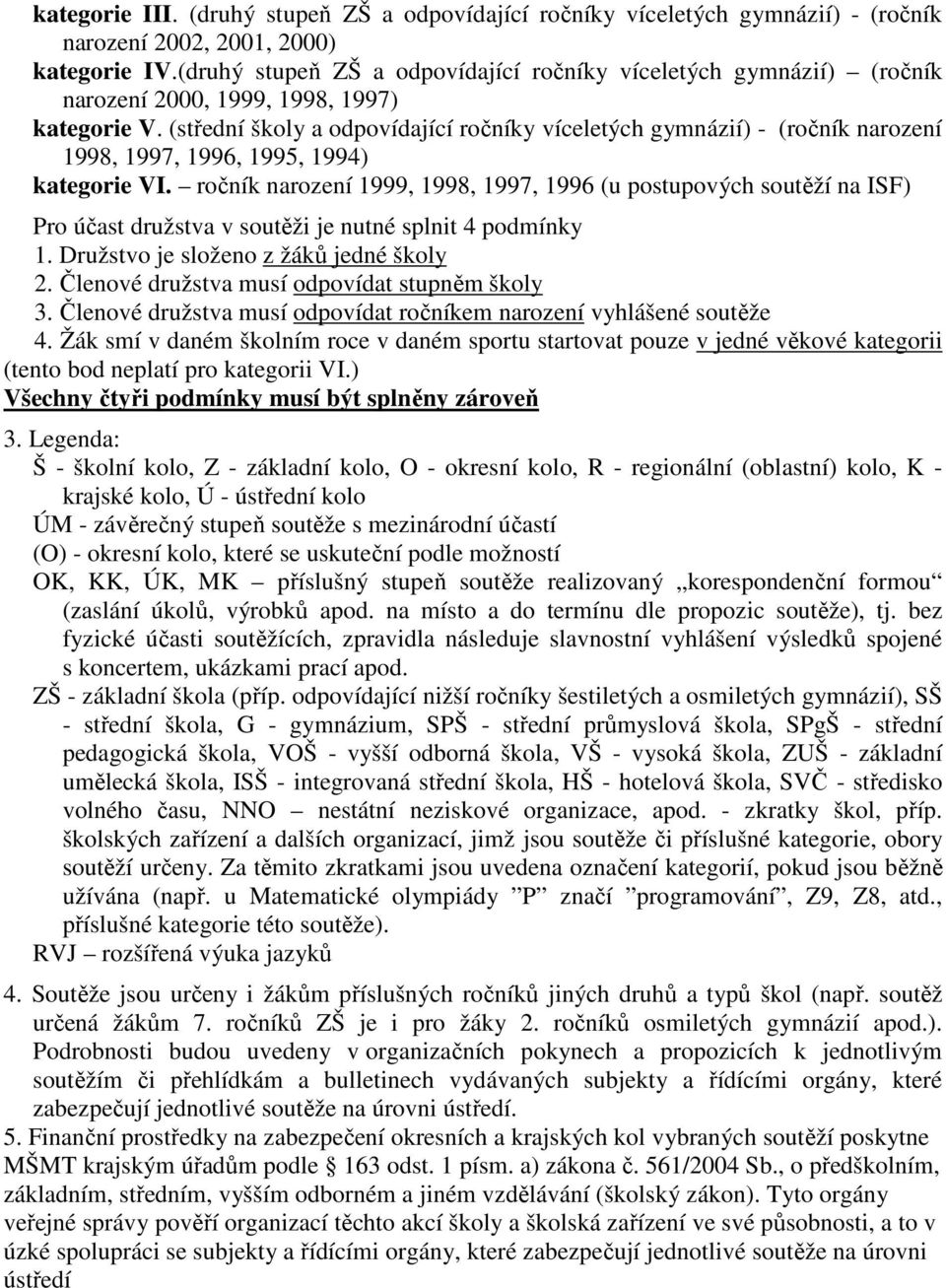 (střední školy a odpovídající ročníky víceletých gymnázií) - (ročník narození 1998, 1997, 1996, 1995, 1994) kategorie VI.