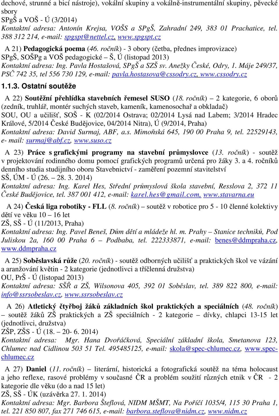 ročník) - 3 obory (četba, přednes improvizace) SPgŠ, SOŠPg a VOŠ pedagogické Š, Ú (listopad 2013) Kontaktní adresa: Ing. Pavla Hostašová, SPgŠ a SZŠ sv. Anežky České, Odry, 1.