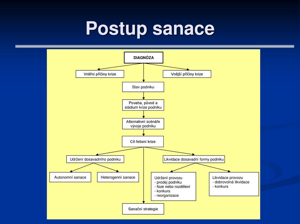 Likvidace dosavadní formy podniku Autonomní sanace Heterogenní sanace Udržení provozu - prodej podniku