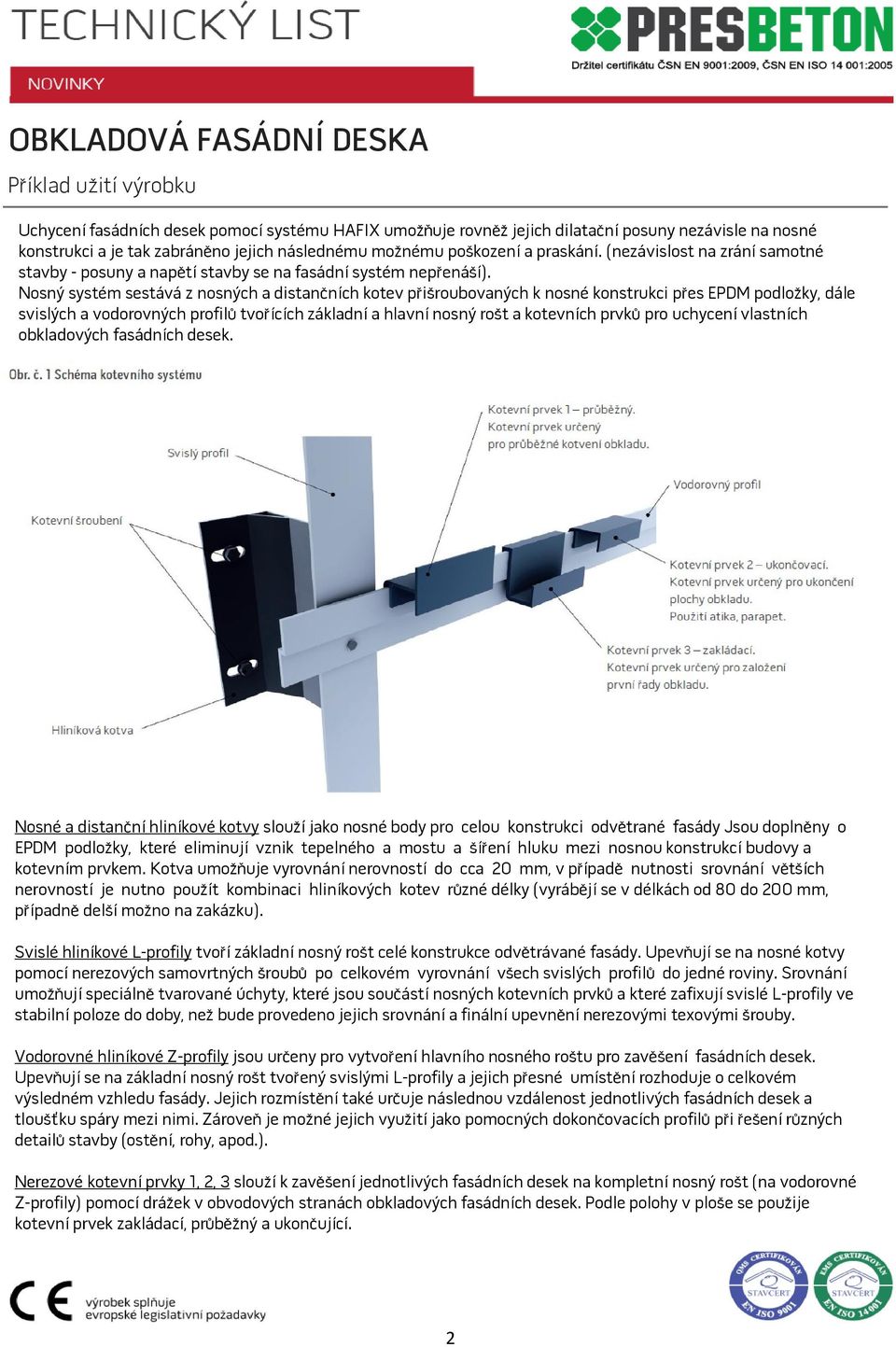 Nosný systém sestává z nosných a distančních kotev přišroubovaných k nosné konstrukci přes EPDM podložky, dále svislých a vodorovných profilů tvořících základní a hlavní nosný rošt a kotevních prvků