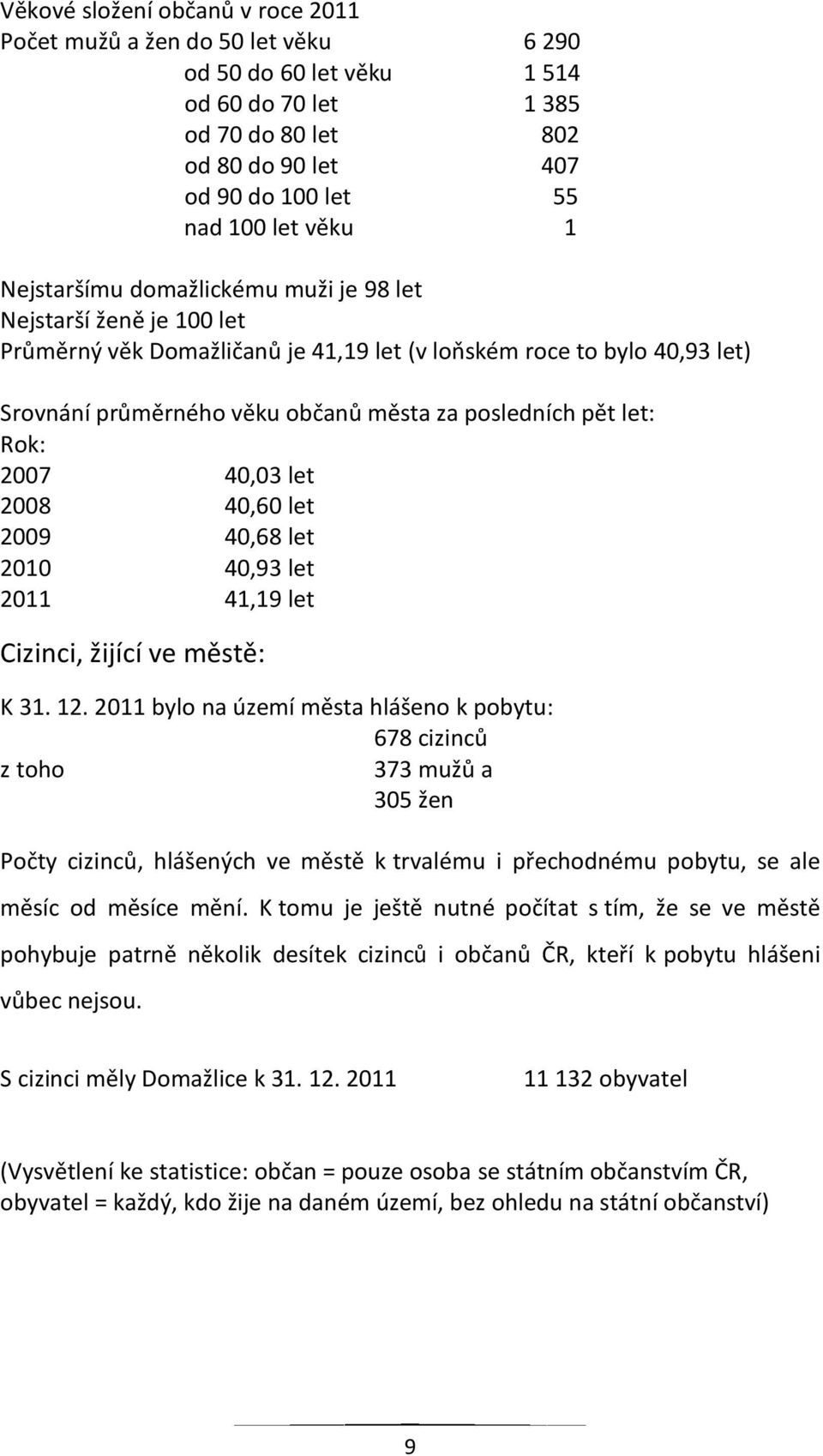 Rok: 2007 40,03 let 2008 40,60 let 2009 40,68 let 2010 40,93 let 2011 41,19 let Cizinci, žijící ve městě: K 31. 12.