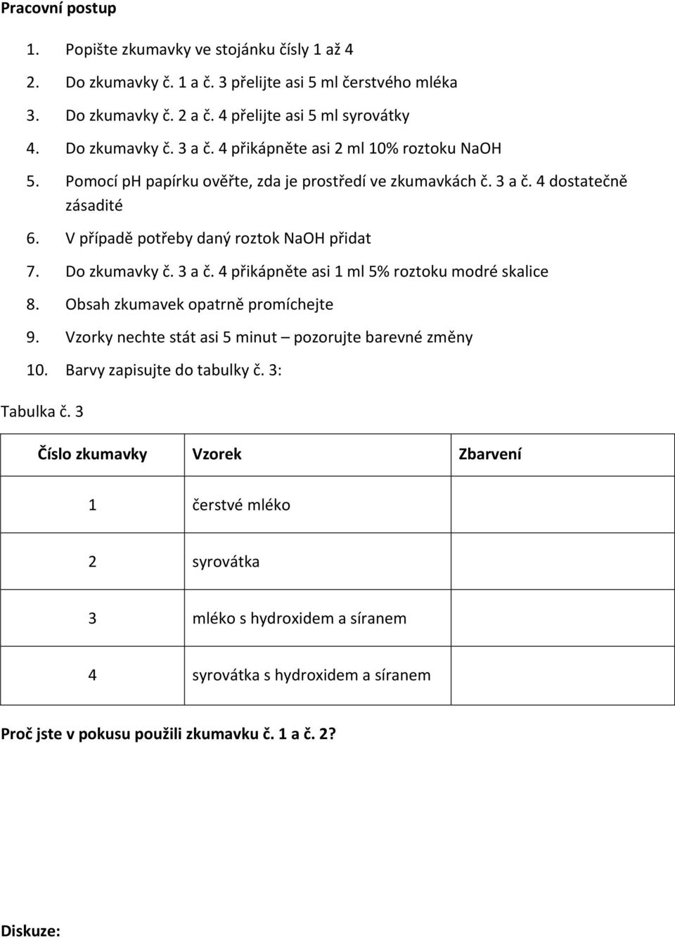 3 a č. 4 přikápněte asi 1 ml 5% roztoku modré skalice 8. Obsah zkumavek opatrně promíchejte 9. Vzorky nechte stát asi 5 minut pozorujte barevné změny 10. Barvy zapisujte do tabulky č.