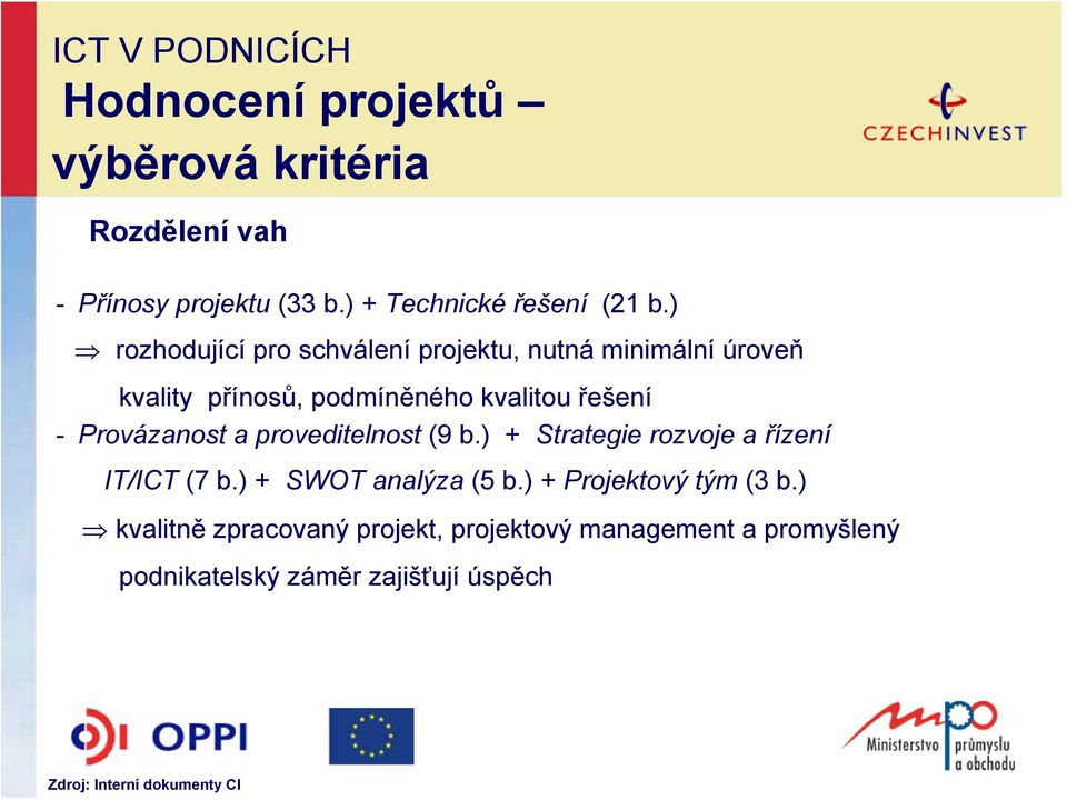 a proveditelnost (9 b.) + Strategie rozvoje a řízení IT/ICT (7 b.) + SWOT analýza (5 b.) + Projektový tým (3 b.