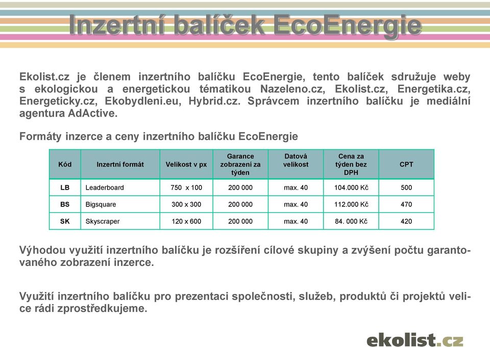 Formáty inzerce a ceny inzertního balíčku EcoEnergie Kód Inzertní formát Velikost v px Garance zobrazení za týden Datová velikost Cena za týden bez DPH CPT LB Leaderboard 750 x 100 200 000 max.