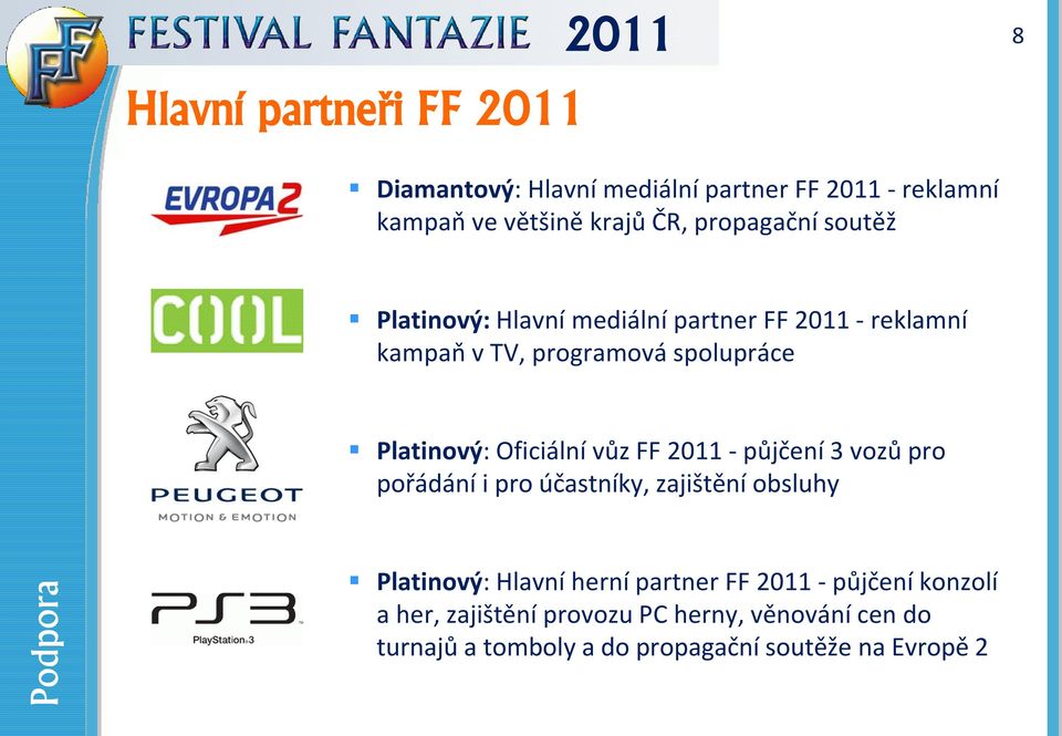 Oficiální vůz FF 2011 - půjčení 3 vozů pro pořádání i pro účastníky, zajištění obsluhy Platinový: Hlavní herní partner FF