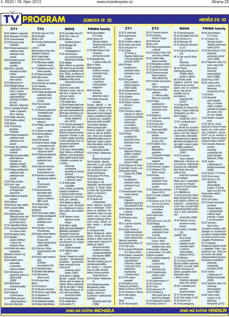 Výběrem nejžádanějších diváckých příběhů provází Miroslav Táborský 1200 Z metropole (Praha) Týden v regionech (Brno, Ostrava) 1225 Hobby naší doby 1250 Postřehy odjinud 1300 Zprávy 1305 Tři princezny