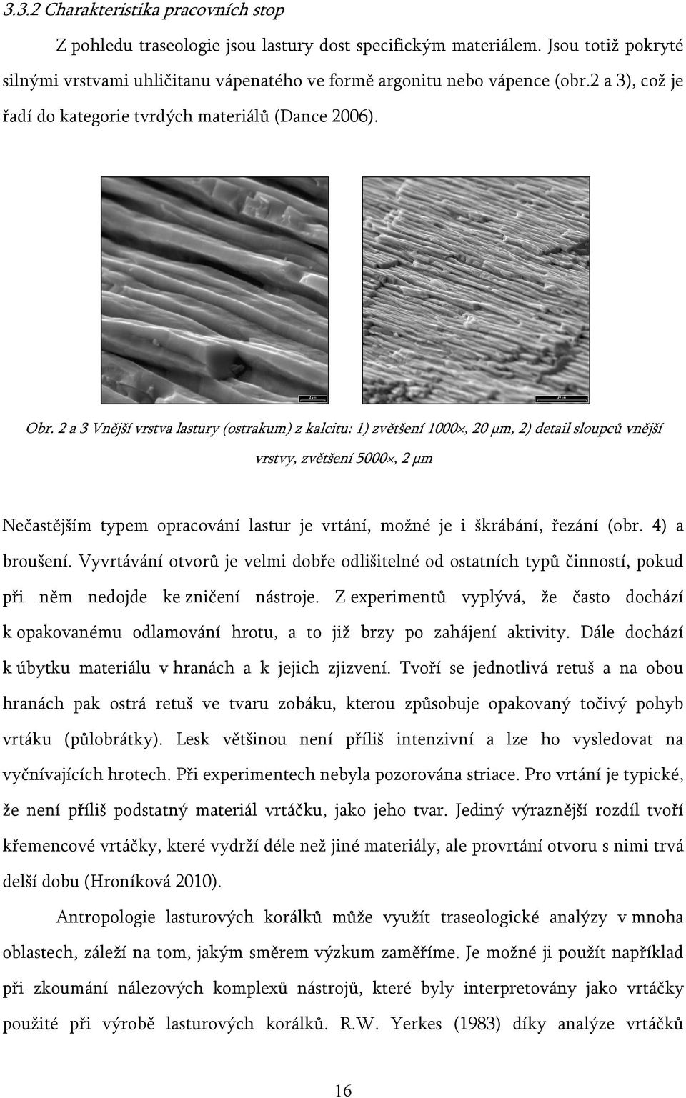 2 a 3 Vnější vrstva lastury (ostrakum) z kalcitu: 1) zvětšení 1000, 20 μm, 2) detail sloupců vnější vrstvy, zvětšení 5000, 2 μm Nečastějším typem opracování lastur je vrtání, možné je i škrábání,