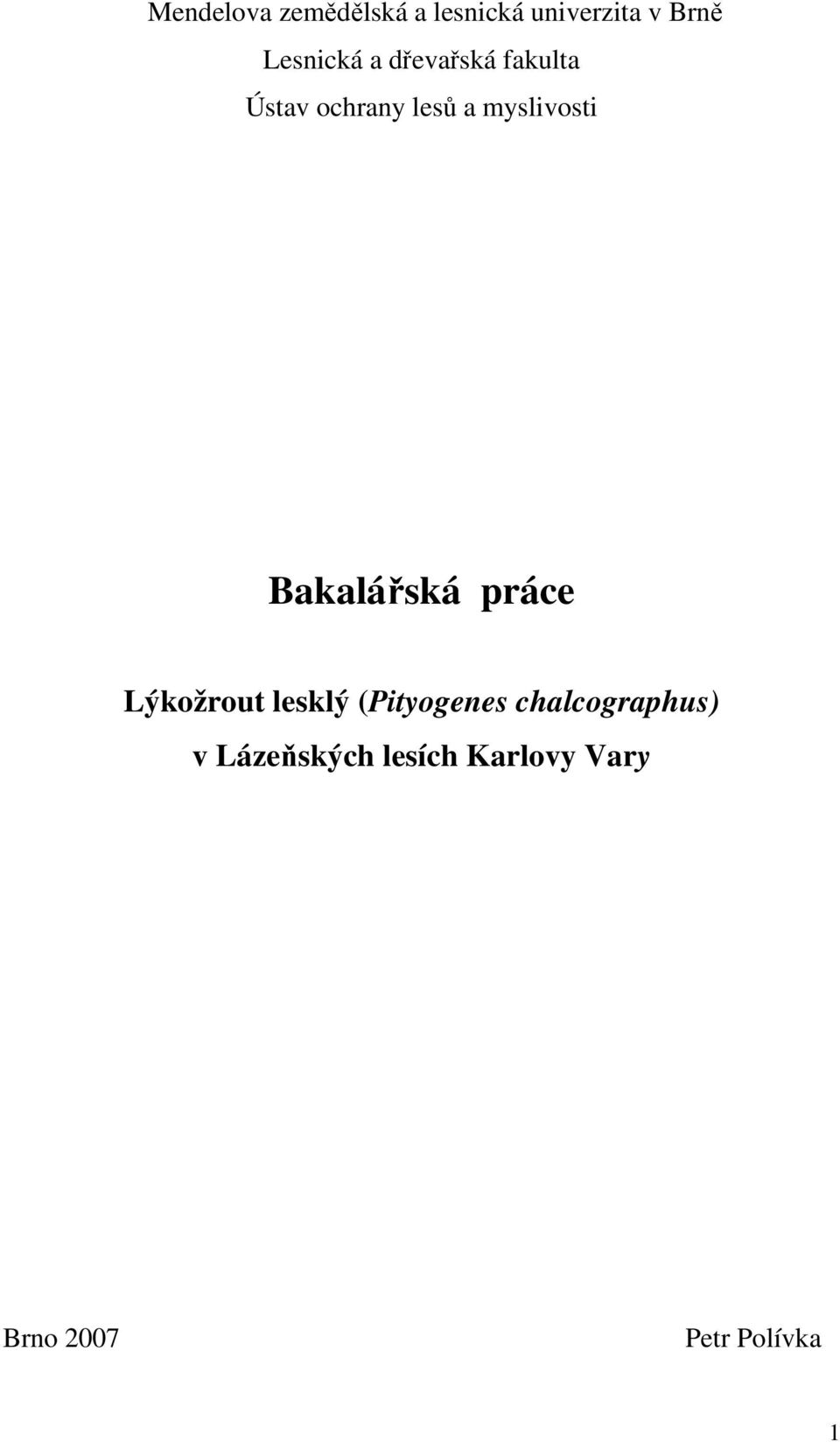 myslivosti Bakalářská práce Lýkožrout lesklý (Pityogenes