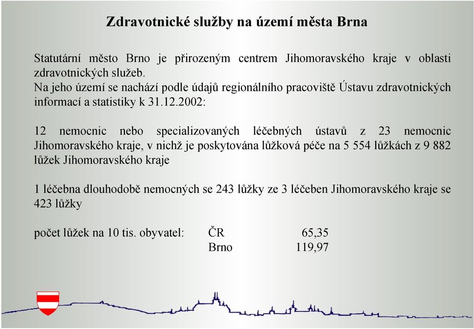 2002: 12 nemocnic nebo specializovaných léčebných ústavů z 23 nemocnic Jihomoravského kraje, v nichž je poskytována lůžková péče na 5 554