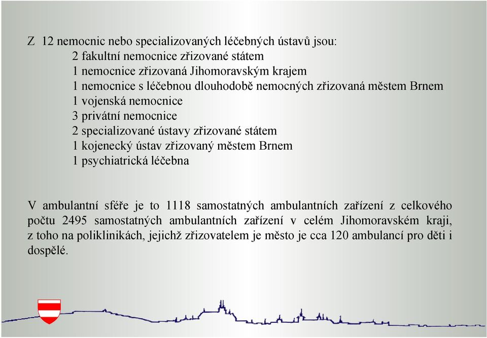 kojenecký ústav zřizovaný městem Brnem 1 psychiatrická léčebna V ambulantní sféře je to 1118 samostatných ambulantních zařízení z celkového počtu 2495