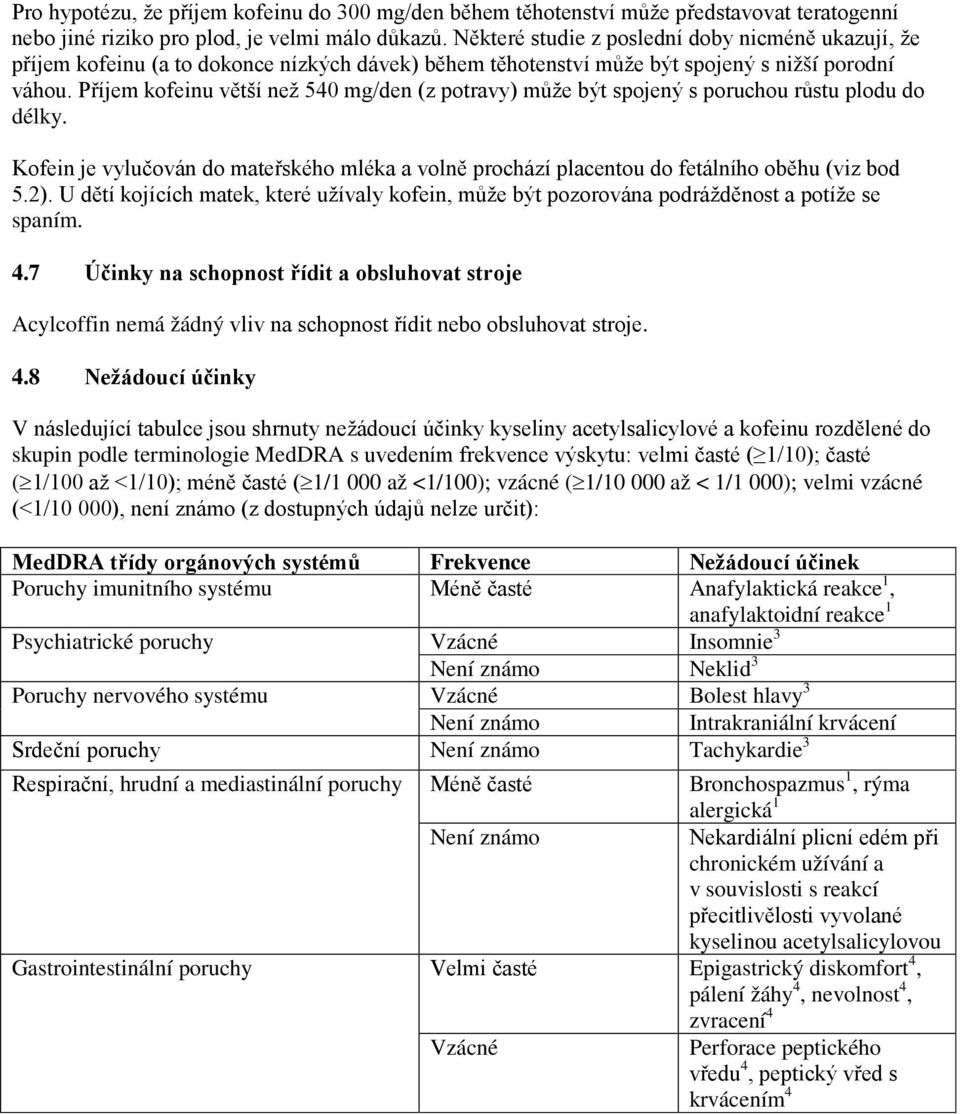Příjem kofeinu větší než 540 mg/den (z potravy) může být spojený s poruchou růstu plodu do délky. Kofein je vylučován do mateřského mléka a volně prochází placentou do fetálního oběhu (viz bod 5.2).