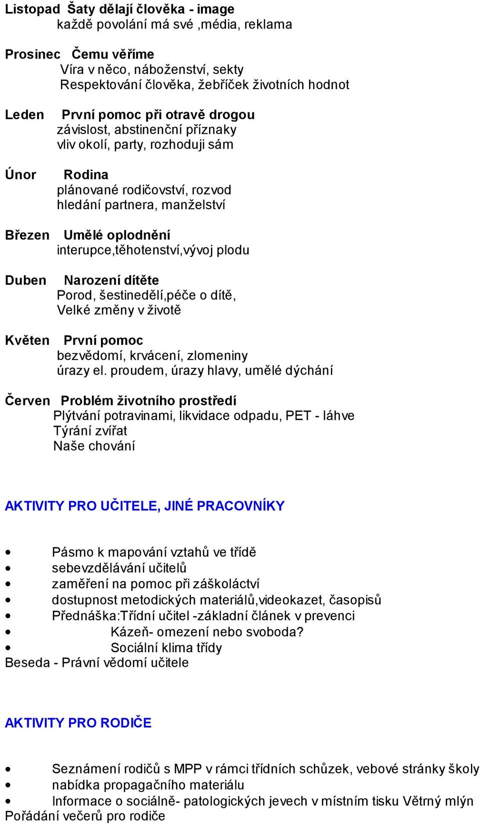 plodu Duben Narození dítěte Porod, šestinedělí,péče o dítě, Velké změny v životě Květen První pomoc bezvědomí, krvácení, zlomeniny úrazy el.