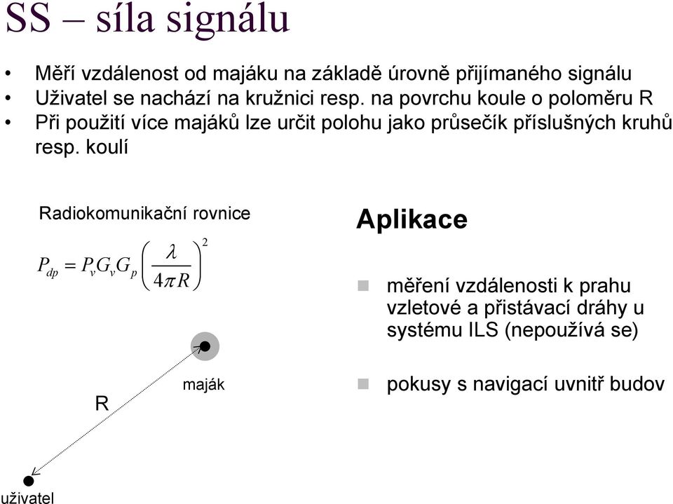 na povrchu koule o poloměru R Při použití více majáků lze určit polohu jako průsečík příslušných kruhů