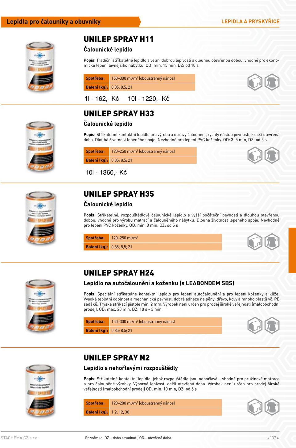 15 min, DZ: od 10 s Spotřeba: 150 300 ml/m 2 (oboustranný nános) Balení (kg): 0,85; 8,5; 21 1l - 162,- Kč 10l - 1220,- Kč UNILEP SPRAY H33 Čalounické lepidlo Popis: Stříkatelné kontaktní lepidlo pro