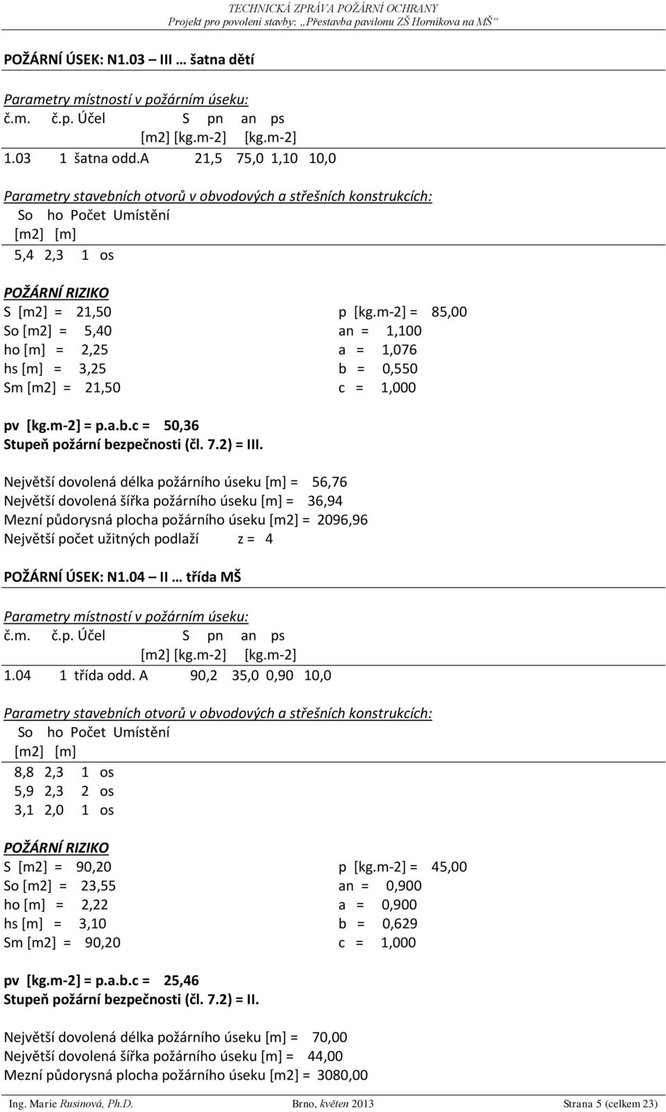 21,50 p [kg.m-2] = 85,00 an = 1,100 a = 1,076 b = 0,550 c = 1,000 pv [kg.m-2] = p.a.b.c = 50,36 Stupeň požární bezpečnosti (čl. 7.2) = III.