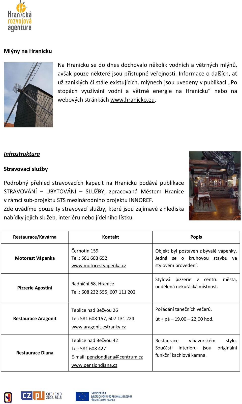 Infrastruktura Stravovací služby Podrobný přehled stravovacích kapacit na Hranicku podává publikace STRAVOVÁNÍ UBYTOVÁNÍ SLUŽBY, zpracovaná Městem Hranice v rámci sub-projektu STS mezinárodního