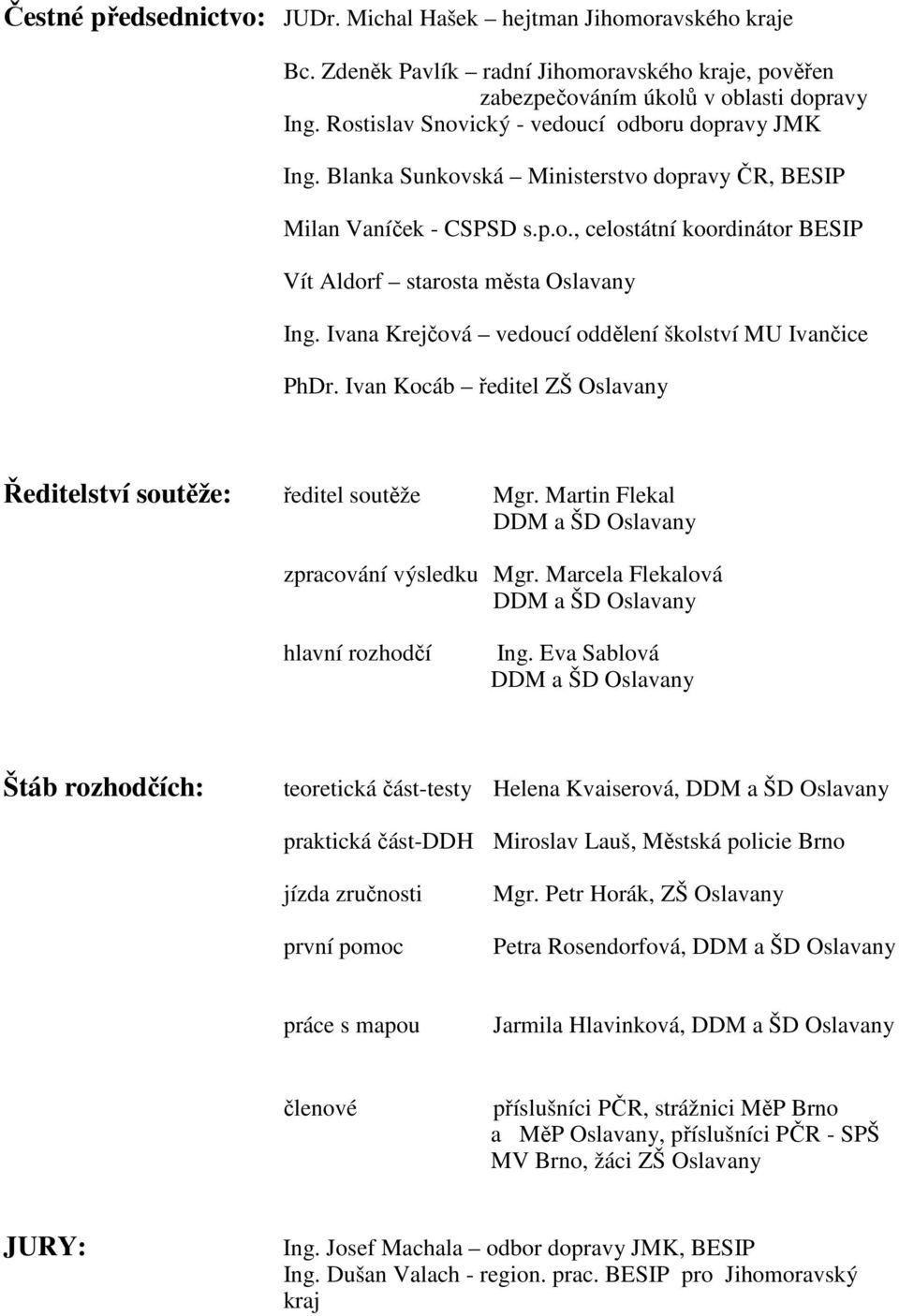 Ivana Krejčová vedoucí oddělení školství MU Ivančice PhDr. Ivan Kocáb ředitel ZŠ Oslavany Ředitelství soutěže: ředitel soutěže Mgr. Martin Flekal DDM a ŠD Oslavany zpracování výsledku Mgr.