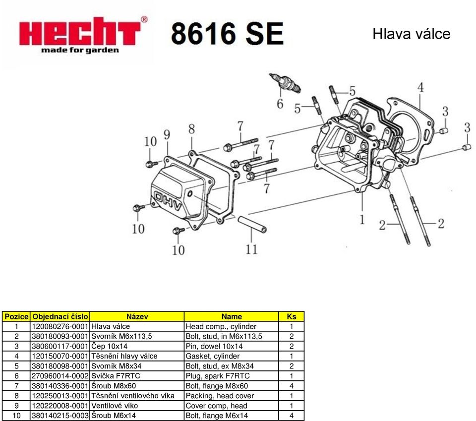 Těsnění hlavy válce Gasket, cylinder 1 5 380180098-0001 Svorník M8x34 Bolt, stud, ex M8x34 2 6 270960014-0002 Svíčka F7RTC Plug, spark