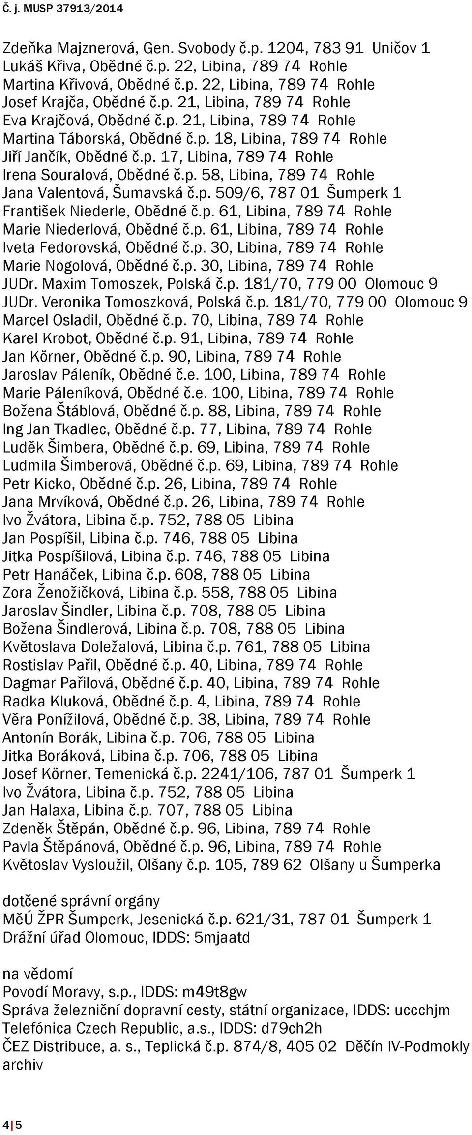 p. 509/6, 787 01 Šumperk 1 František Niederle, Obědné č.p. 61, Libina, 789 74 Rohle Marie Niederlová, Obědné č.p. 61, Libina, 789 74 Rohle Iveta Fedorovská, Obědné č.p. 30, Libina, 789 74 Rohle Marie Nogolová, Obědné č.