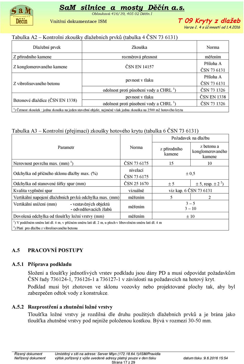 odolnost proti působení vody a CHRL 1 ) ČSN 73 1326 1 ) Četnost zkoušek : jedna zkouška na jeden stavební objekt, nejméně však jedna zkouška na 2500 m2 hotového krytu Tabulka A3 Kontrolní (přejímací)