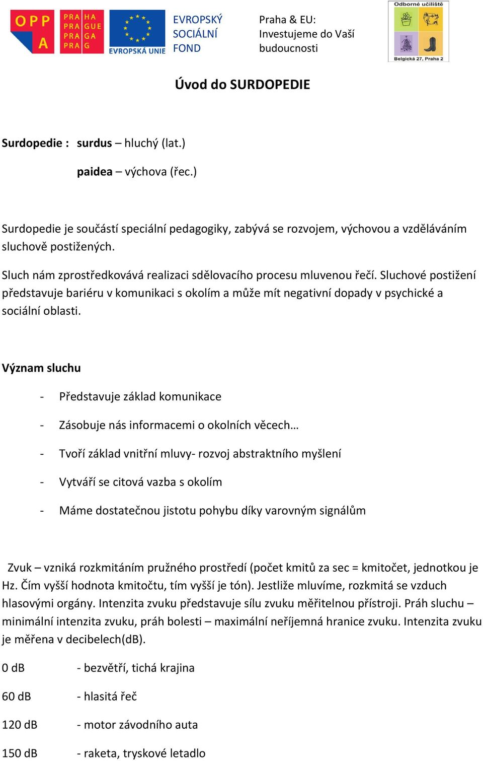 Význam sluchu Představuje základ komunikace Zásobuje nás informacemi o okolních věcech Tvoří základ vnitřní mluvy rozvoj abstraktního myšlení Vytváří se citová vazba s okolím Máme dostatečnou jistotu