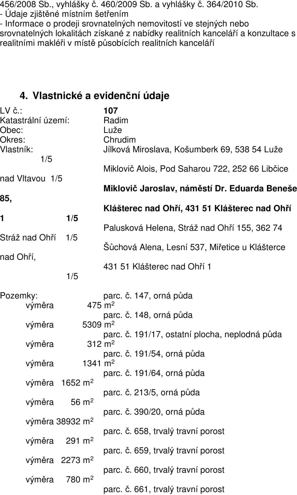 místě působících realitních kanceláří 4. Vlastnické a evidenční údaje LV č.