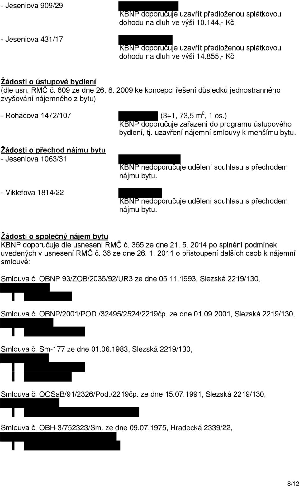 ) KBNP doporučuje zařazení do programu ústupového bydlení, tj. uzavření nájemní smlouvy k menšímu bytu.