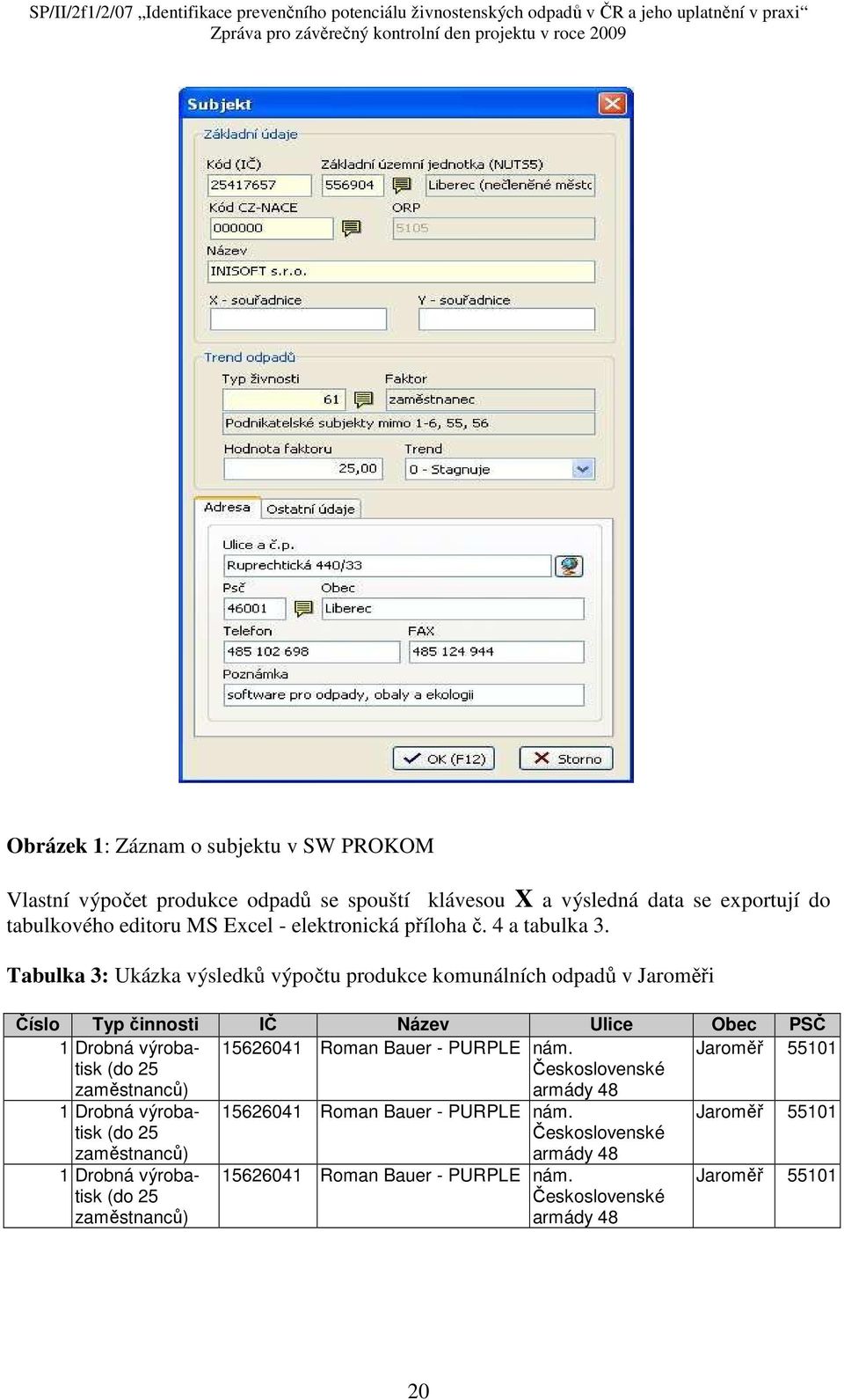 Tabulka 3: Ukázka výsledků výpočtu produkce komunálních odpadů v Jaroměři Číslo Typ činnosti IČ Název Ulice Obec PSČ 1 Drobná výrobatisk (do 25 zaměstnanců)
