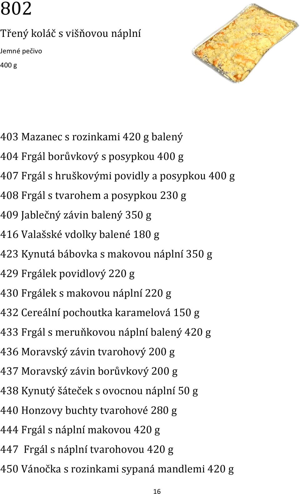 makovou náplní 220 g 432 Cereální pochoutka karamelová 150 g 433 Frgál s meruňkovou náplní balený 420 g 436 Moravský závin tvarohový 200 g 437 Moravský závin borůvkový 200 g 438