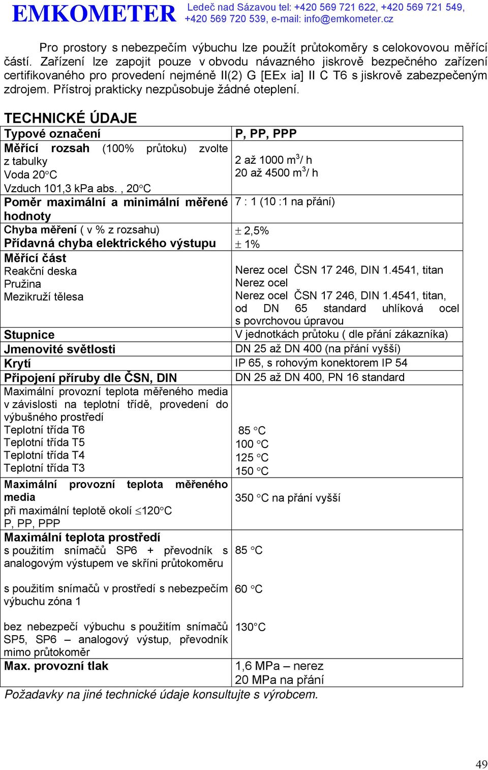 Přístroj prakticky nezpůsobuje žádné oteplení. TECHNICKÉ ÚDAJE Typové označení Měřící rozsah (100% průtoku) zvolte z tabulky Voda 20 C Vzduch 101,3 kpa abs.