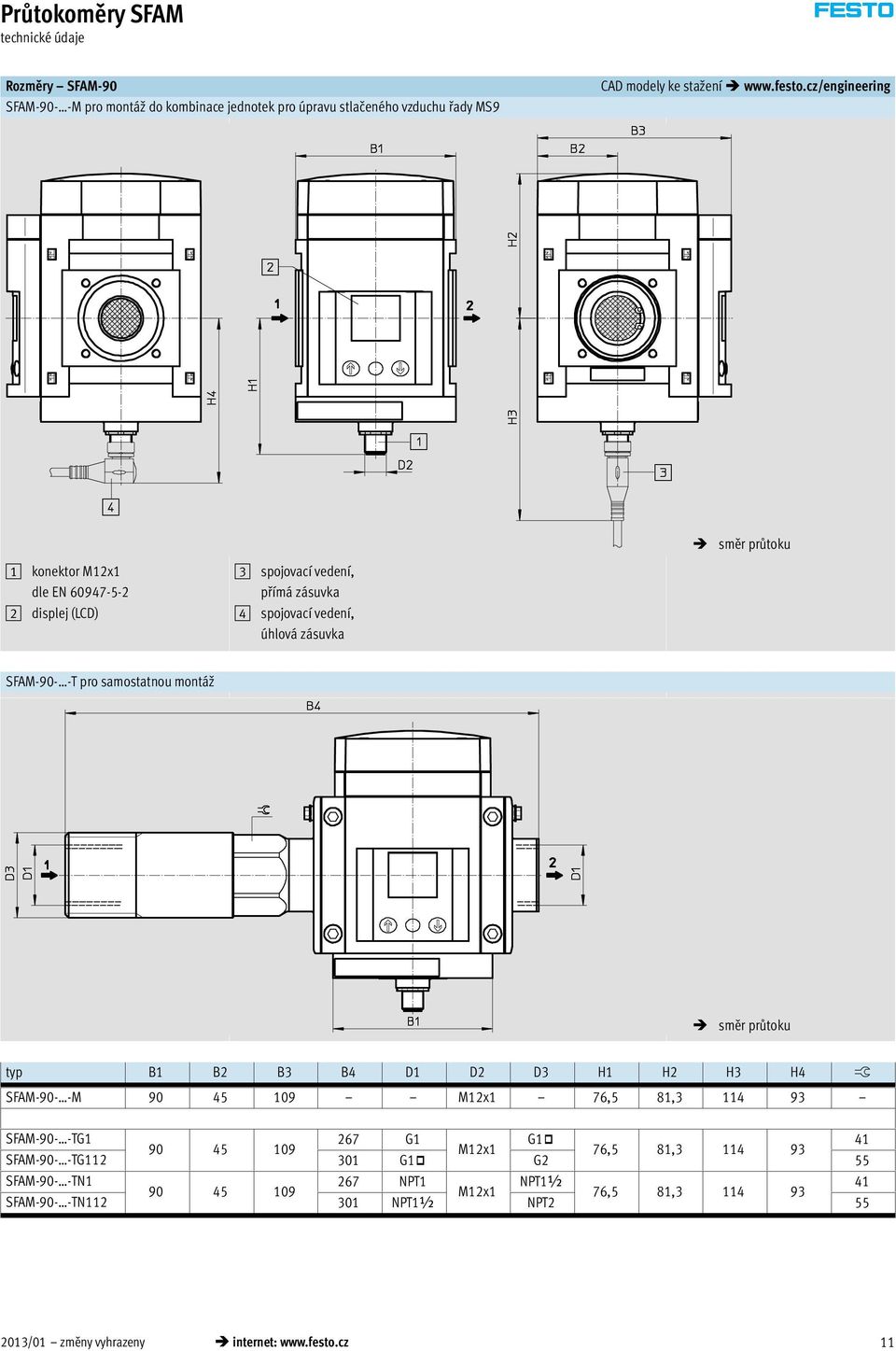 samostatnou montáž směr průtoku typ B1 B2 B3 B4 D1 D2 D3 H1 H2 H3 H4 ß SFAM-90- -M 90 45 109 M12x1 76,5 81,3 114 93 SFAM-90- -TG1 267 G1 G1 41 90 45 109 M12x1 76,5
