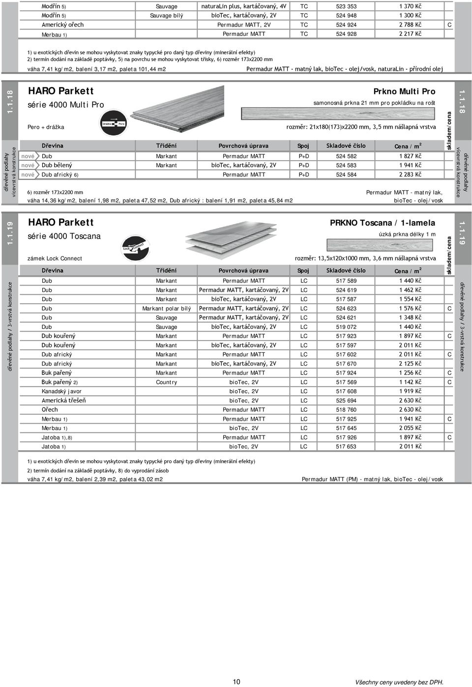 vyskytovat třísky, 6) rozměr 173x2200 mm váha 7,41 kg/m2, balení 3,17 m2, paleta 101,44 m2 Permadur MATT - matný lak, biotec - olej/vosk, naturalin - přírodní olej 1.1.18 dřevěné podlahy vícevrstvá konstrukce 1.