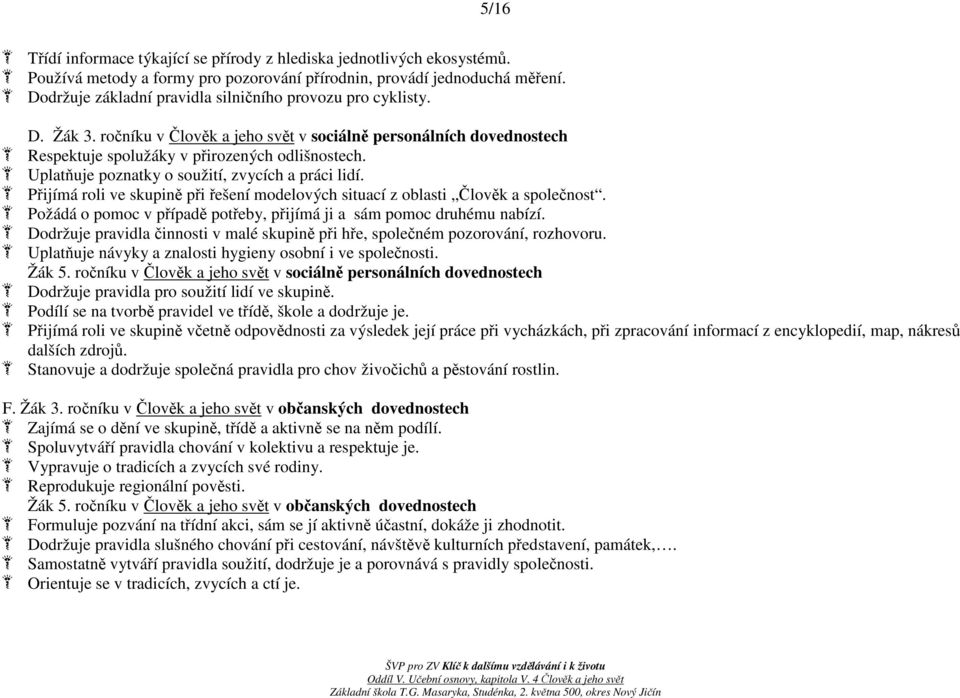 Uplatňuje poznatky o soužití, zvycích a práci lidí. Přijímá roli ve skupině při řešení modelových situací z oblasti Člověk a společnost.