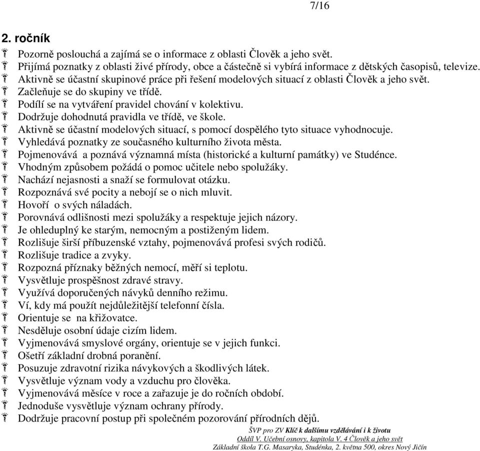 Dodržuje dohodnutá pravidla ve třídě, ve škole. Aktivně se účastní modelových situací, s pomocí dospělého tyto situace vyhodnocuje. Vyhledává poznatky ze současného kulturního života města.