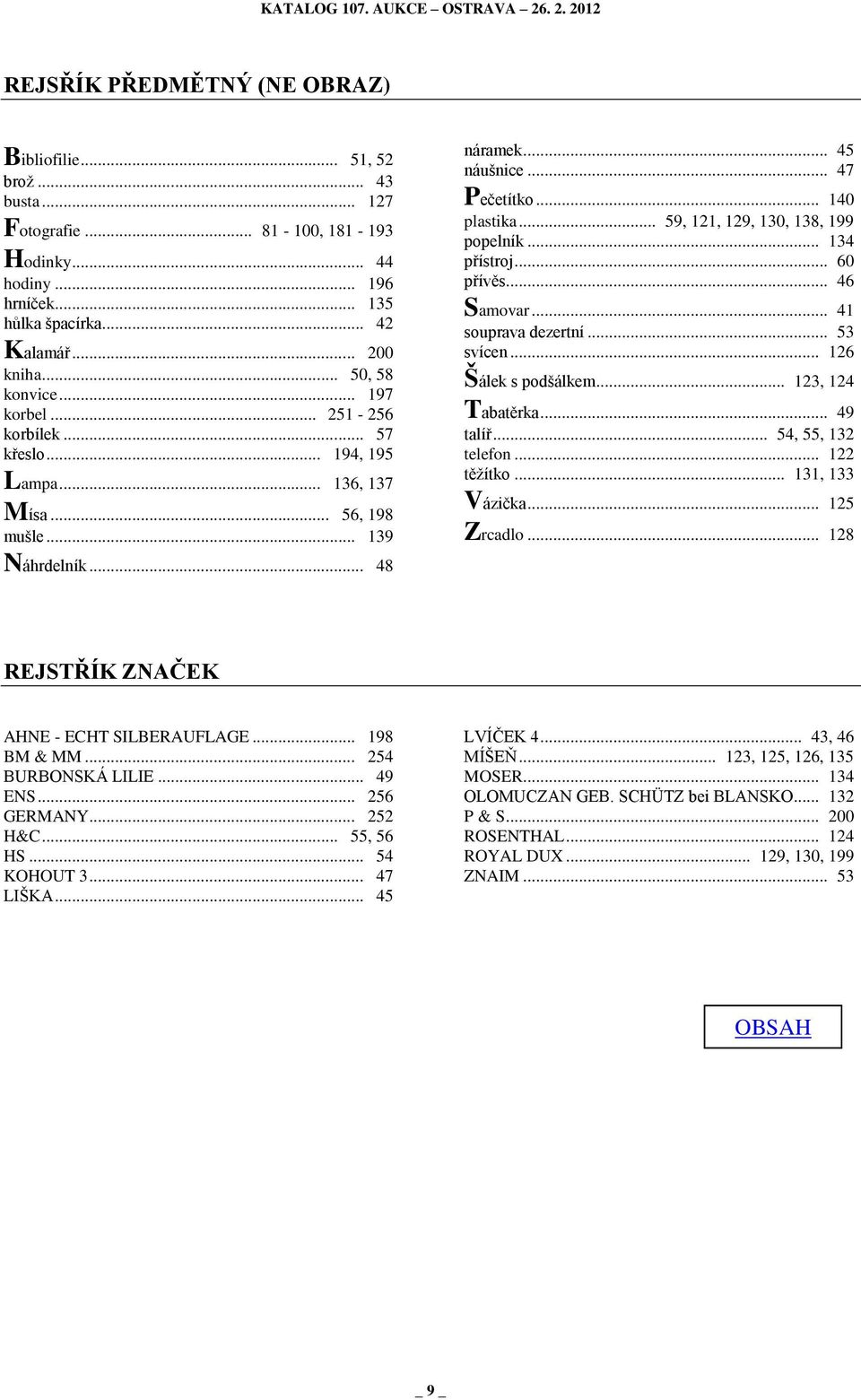 .. 59, 121, 129, 130, 138, 199 popelník... 134 přístroj... 60 přívěs... 46 Samovar... 41 souprava dezertní... 53 svícen... 126 Šálek s podšálkem... 123, 124 Tabatěrka... 49 talíř... 54, 55, 132 telefon.