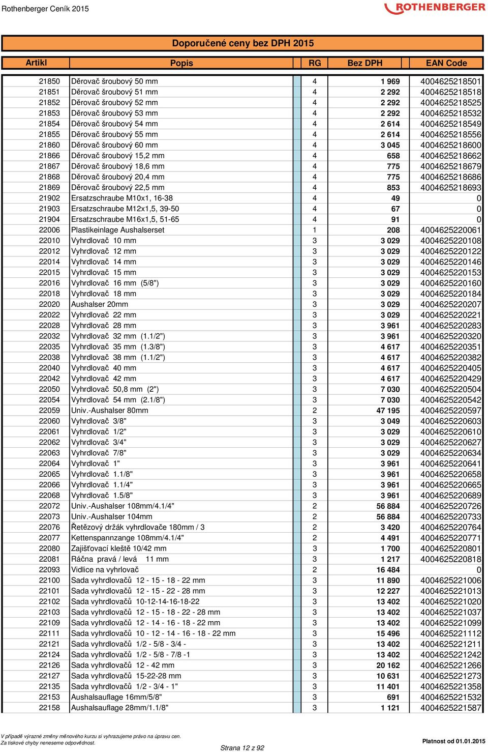 658 4004625218662 21867 Děrovač šroubový 18,6 mm 4 775 4004625218679 21868 Děrovač šroubový 20,4 mm 4 775 4004625218686 21869 Děrovač šroubový 22,5 mm 4 853 4004625218693 21902 Ersatzschraube M10x1,