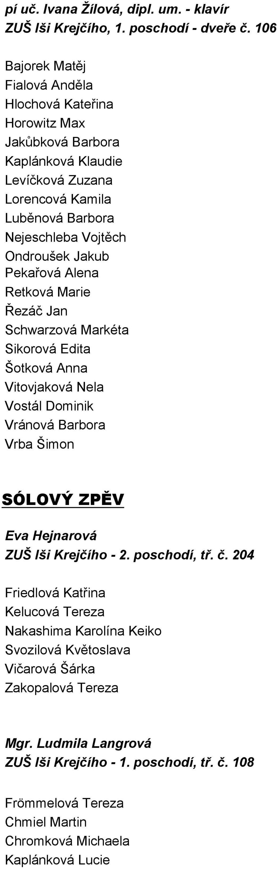 Jakub Pekařová Alena Retková Marie Řezáč Jan Schwarzová Markéta Sikorová Edita Šotková Anna Vitovjaková Nela Vostál Dominik Vránová Barbora Vrba Šimon SÓLOVÝ ZPĚV Eva Hejnarová ZUŠ