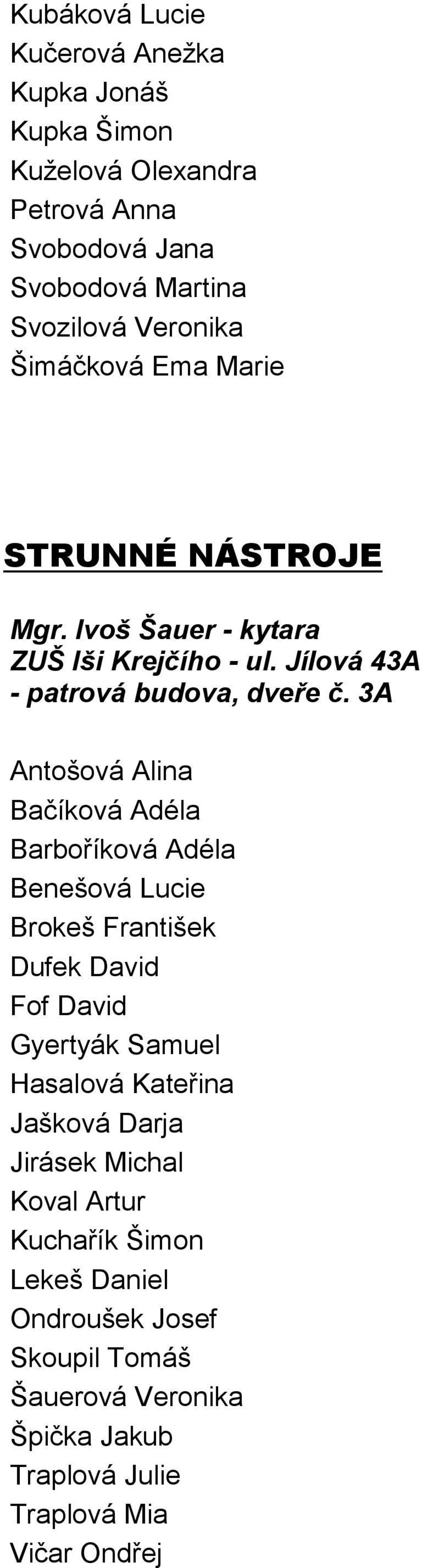 3A Antošová Alina Bačíková Adéla Barboříková Adéla Benešová Lucie Brokeš František Dufek David Fof David Gyertyák Samuel Hasalová