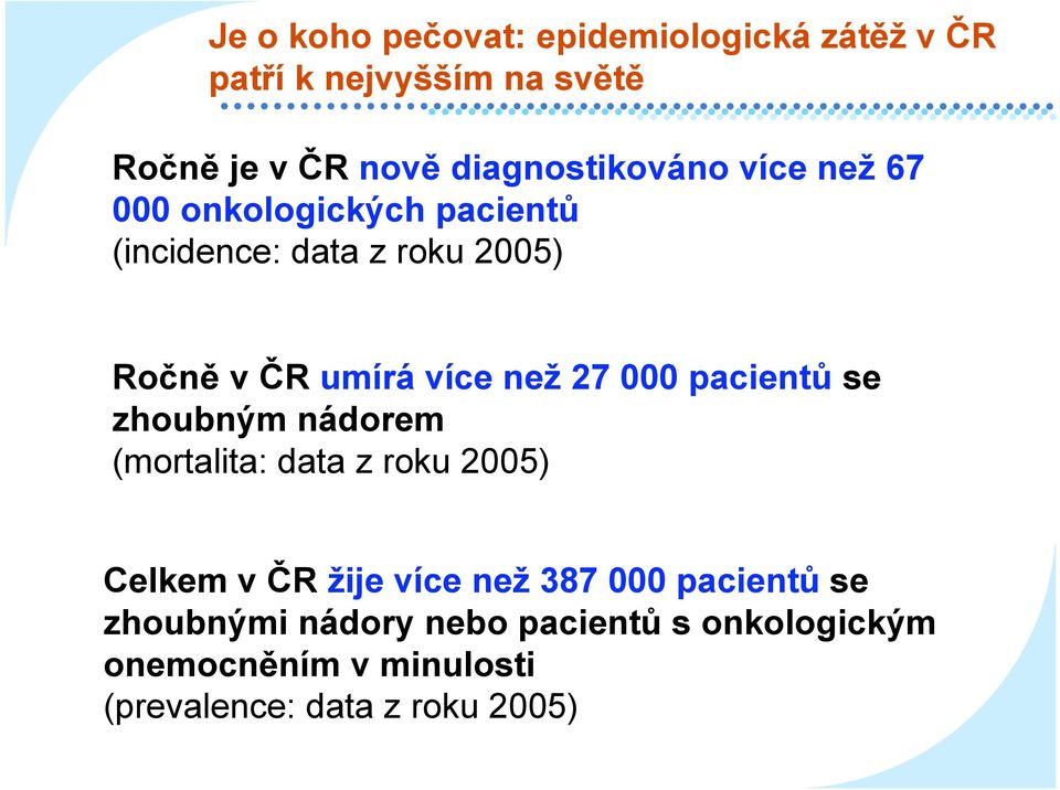 více než 27 000 pacientů se zhoubným nádorem (mortalita: data z roku 2005) Celkem v ČR žije více než